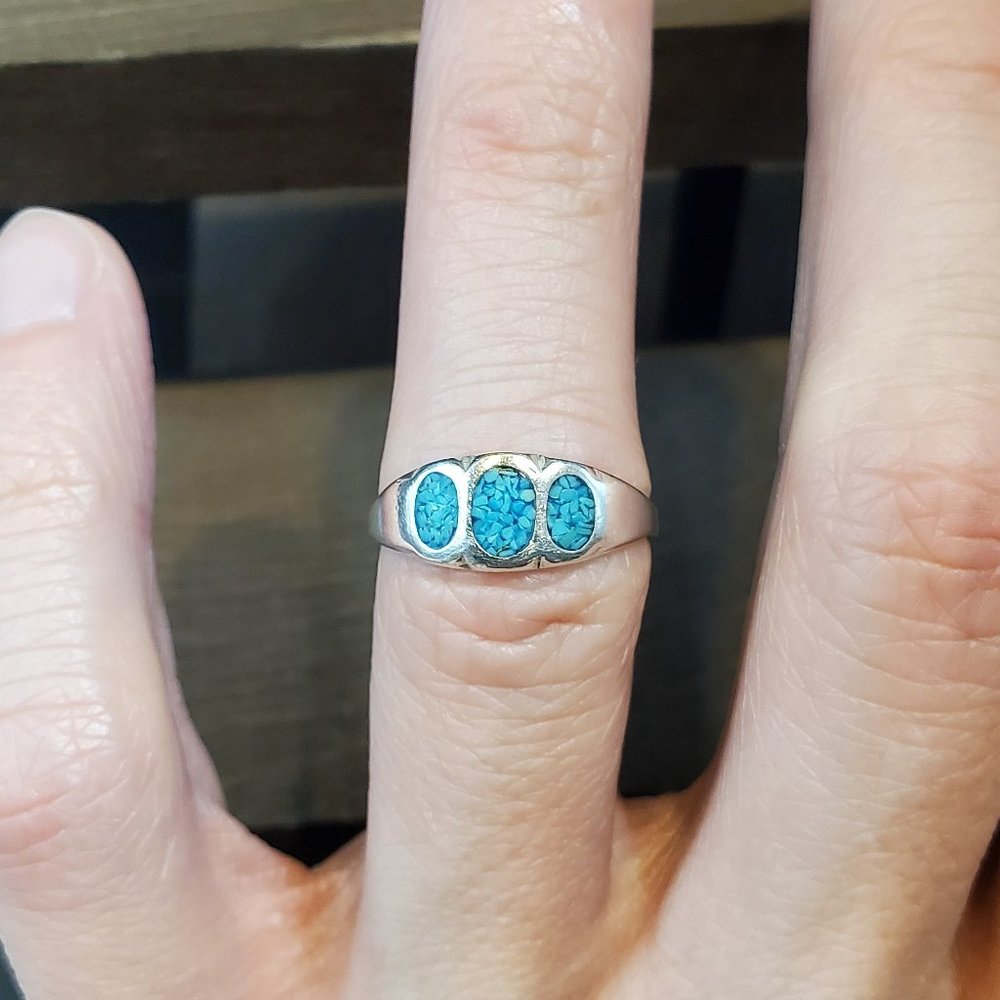 Size 6.25 925 Sterling Silver Triple Oval Turquoise Inlay Ring